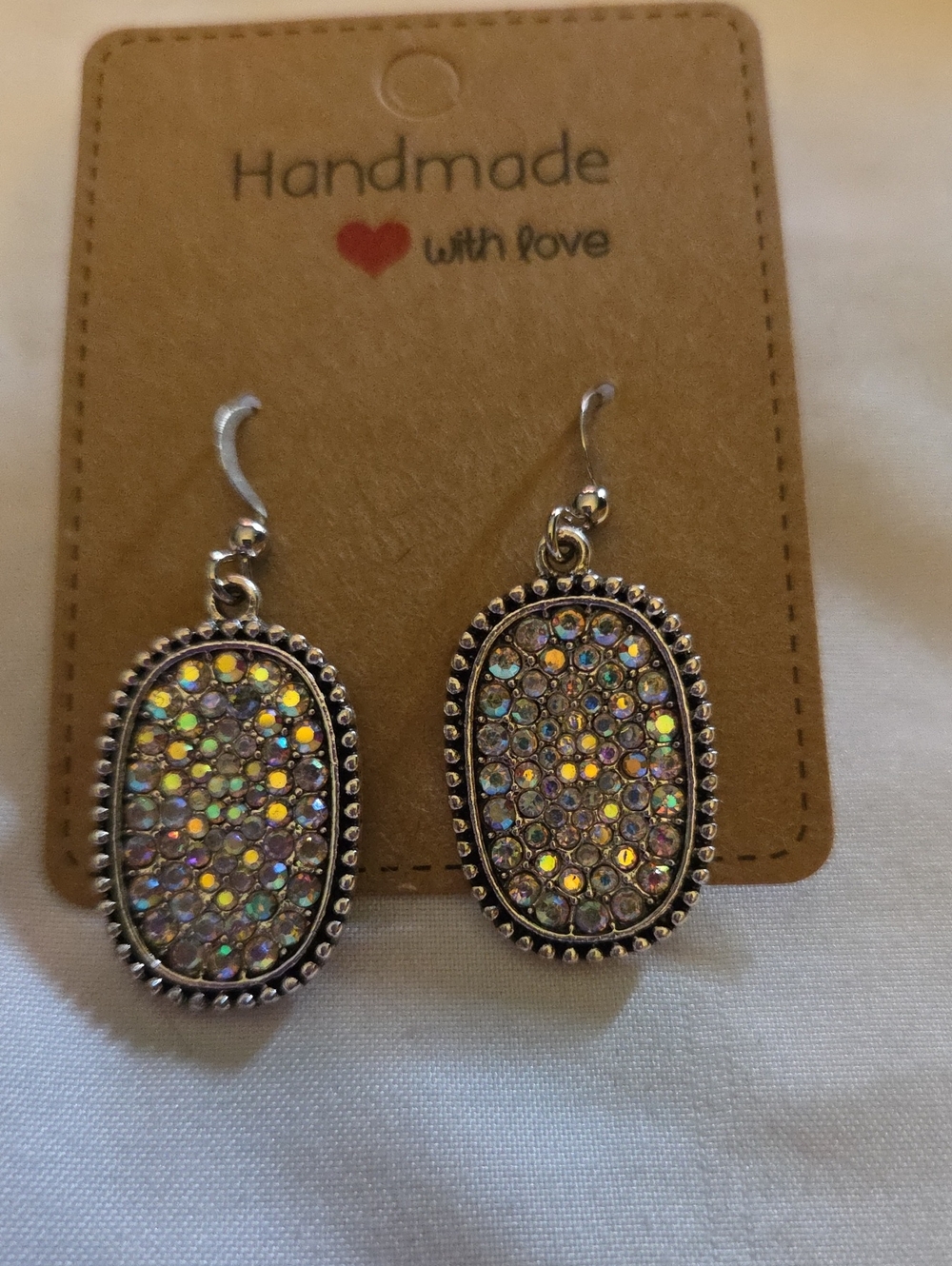 Handmade Silver-Tone Iridescent Crystal Oval Drop Earrings